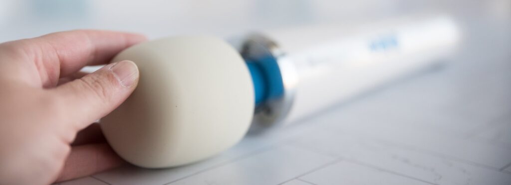 Close-up of the smooth, round, soft-looking silicone head of the wand. For my Magic Wand Waterproof review.