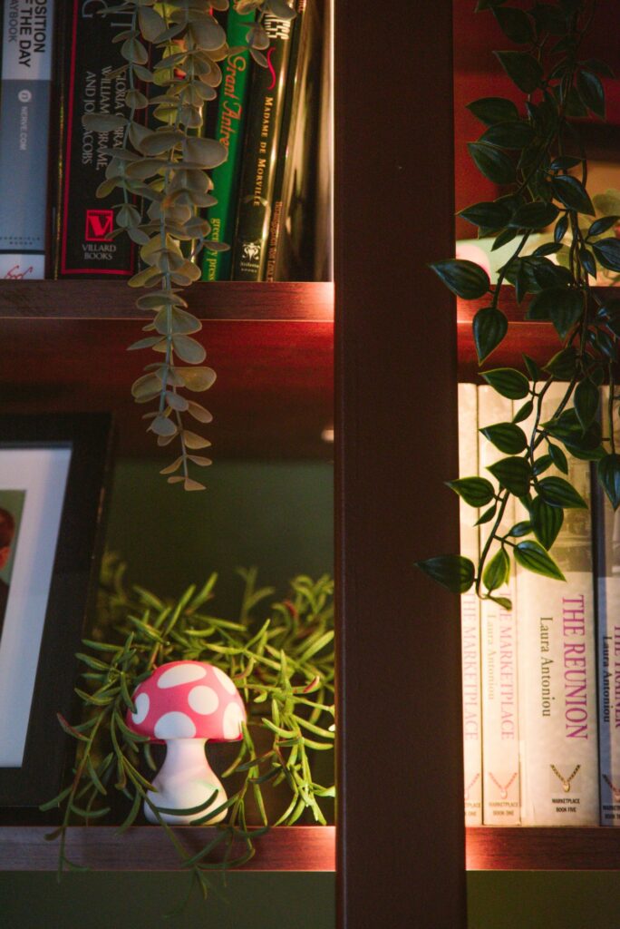 The mushroom vibrator sits on a dimly-lit shelf. Mood lighting makes it the lightest thing in the image, but it's surrounded by a green plant, books, art in photo frames, and more.