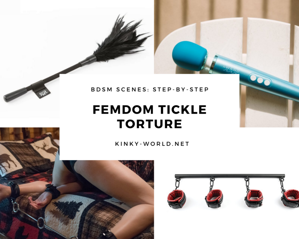Collage of Femdom Tickle Torture scene images showcase the highlights of the gear for the scene. There's a photo of a feather tickler, wand massager, person in a spreader bar, and a spreader bar with 4 cuffs. 