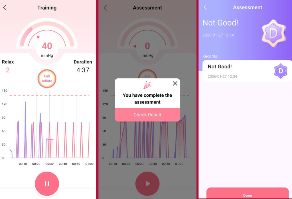 Three screenshots of the Honey Play Box app paired with the AIRA. The first shows an example of the in-program use, showing the purple line (how well you actually squeeze) matching up with the planned program. The second shows that I finished the assessment with my graph in the background. The final shows my final pelvic assessment, a D. 