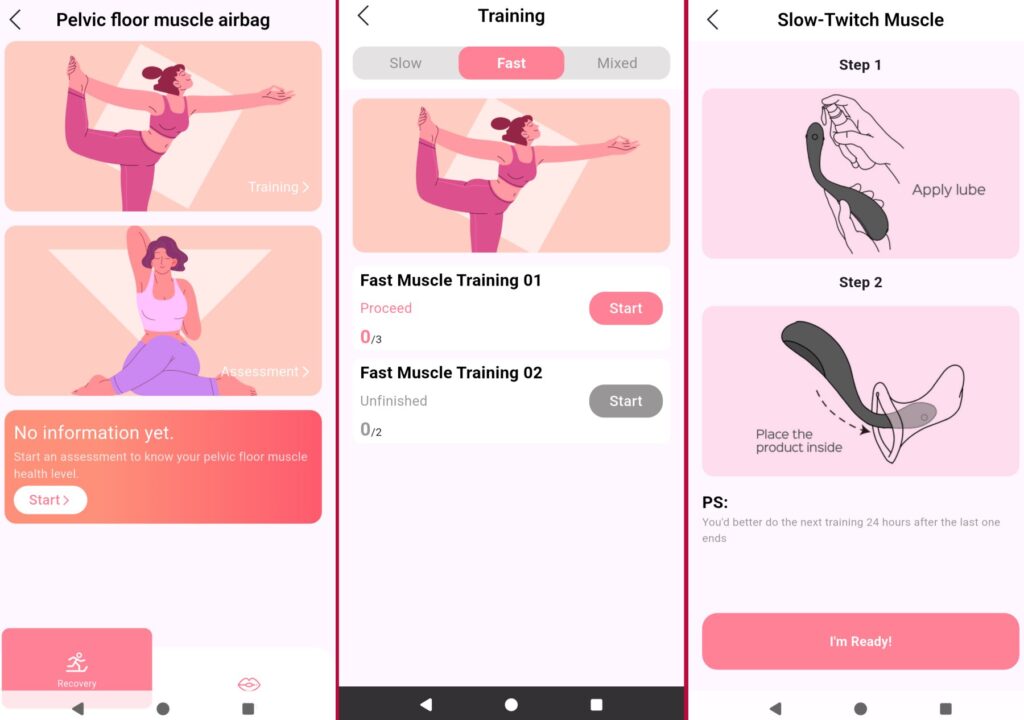 Three screenshots of the Honey Play Box app paired with the AIRA. The first shows the two modes the AIRA offers, the second shows some of the training programs, and the third shows the instructions on how to use the toy in broken English.