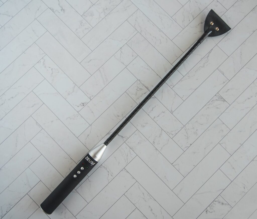 Top-down view of the full length of the Zeus electrosex riding crop.