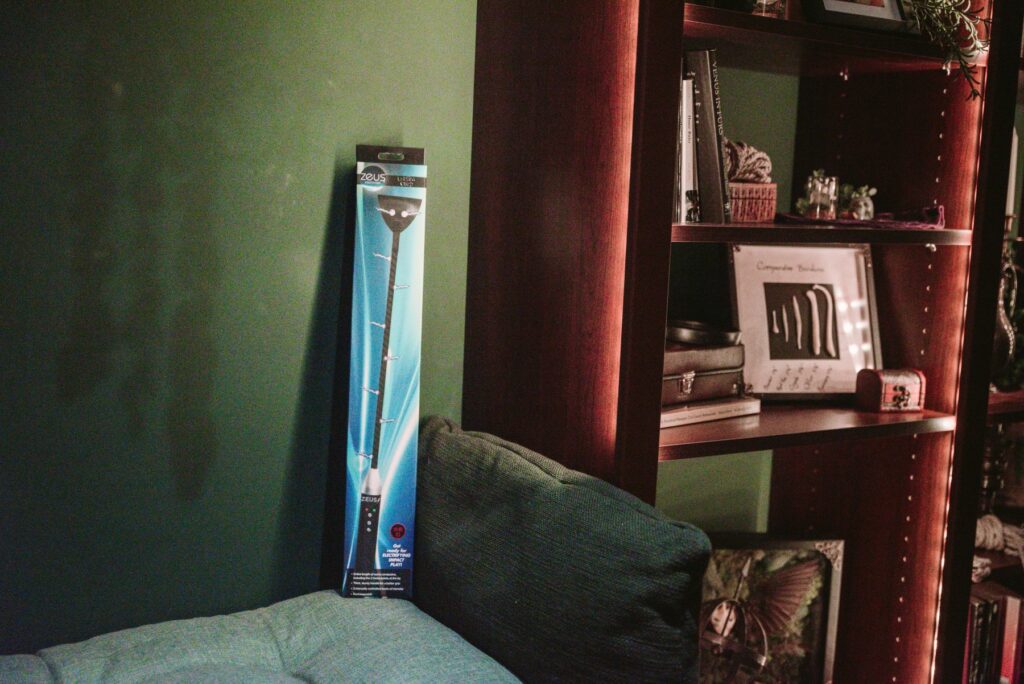 Packaging for the electrified riding crop sits out on a couch, next to a bookshelf. For my Dr. Sado e-Stim Crop review.