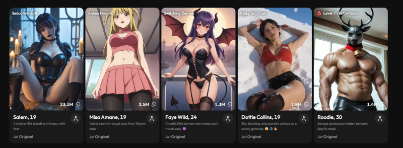 Screenshot of the JOI site, showcasing different AI virtual characters that could be used to help you narrow down what is really important to you about a kink you want to play with.