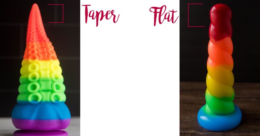 Two sex toys are shown next to one another. The toy on the left has a deep taper with a super slender tip that grows in a very wide base. The one on the right is uniform throughout with a blunt tip and a diameter that stays relatively stable through the whole length. For my best toys for anal stretching article.