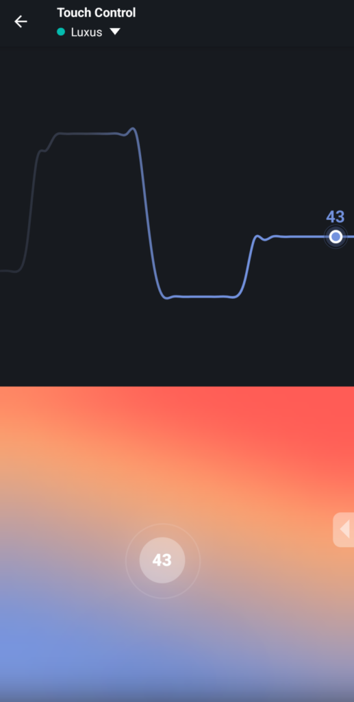 Screenshots of the Luxus app. It's the Touch Control screen, allowing you to drag and drop the intensity level of the vibrations with just the touch of a finger. For my Luxus review.