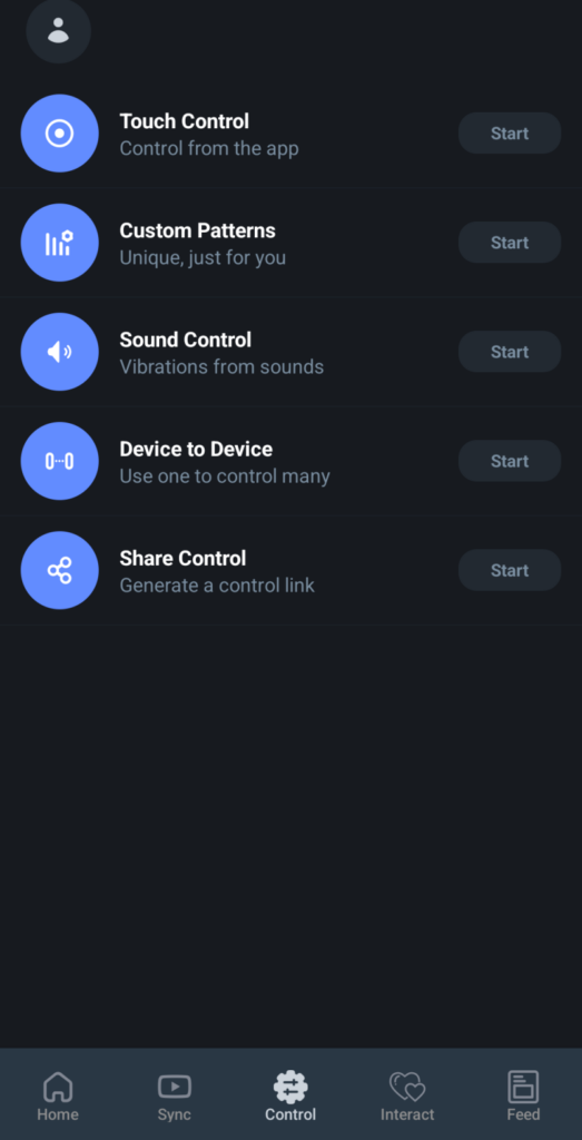 Screenshots of the Luxus app. The main screen of the app shows different ways you can control the vibrator. For my Luxus review.