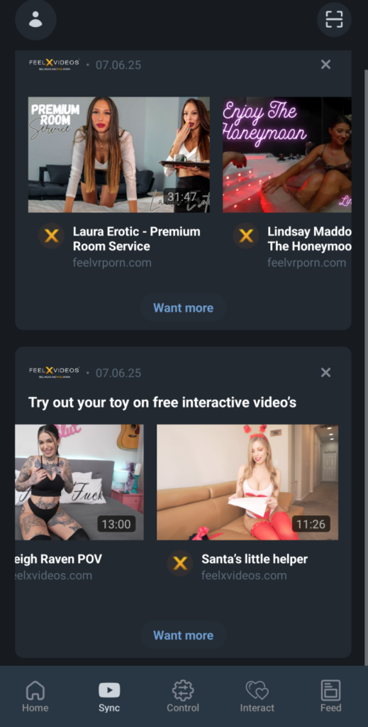 Screenshots of the Luxus app. There are multiple adult video screengrabs shown that can be sync'd with the vibrations of the LuxHer vibrator. For my Luxus review.