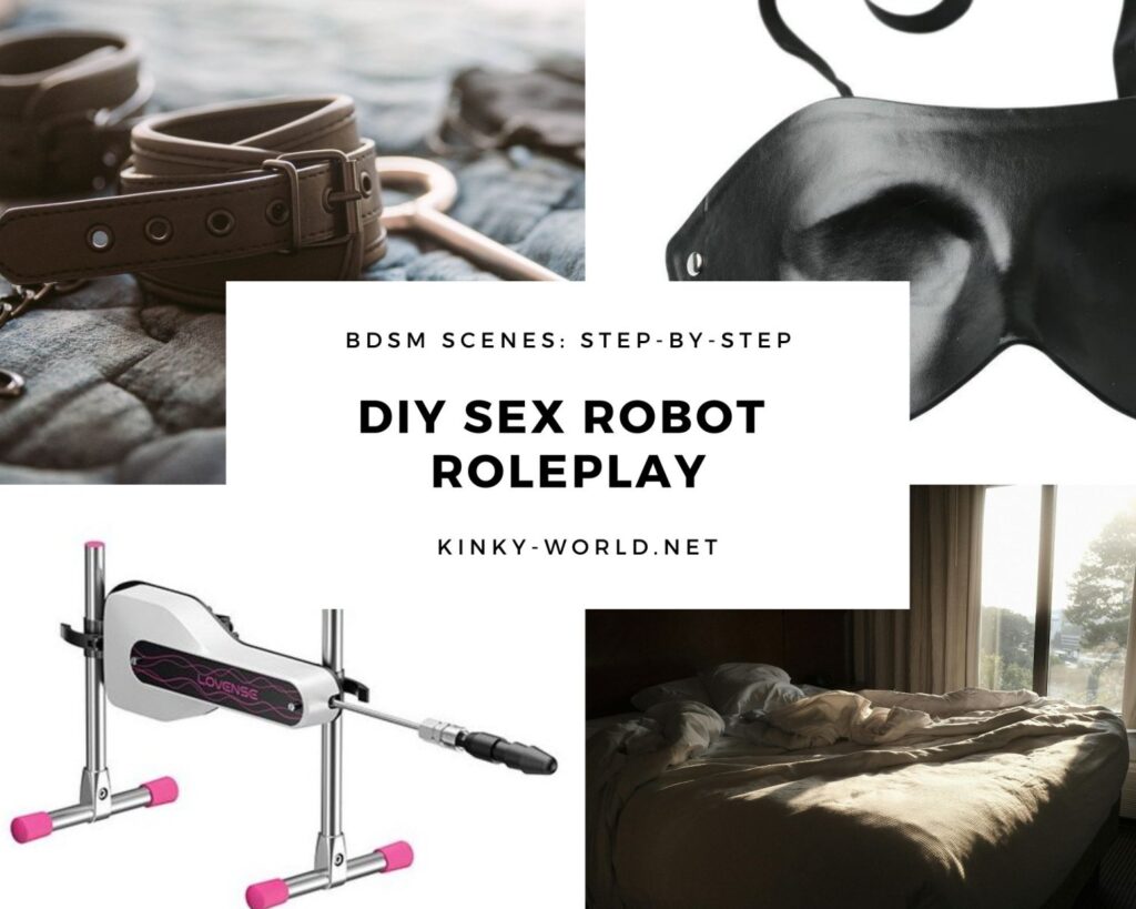 Cover collage image for my DIY Sex Robot Roleplay BDSM scene outline. There are four images in the collage. There's a sex machine, a pair of cuffs, a moody image of a bed, and a blindfold.