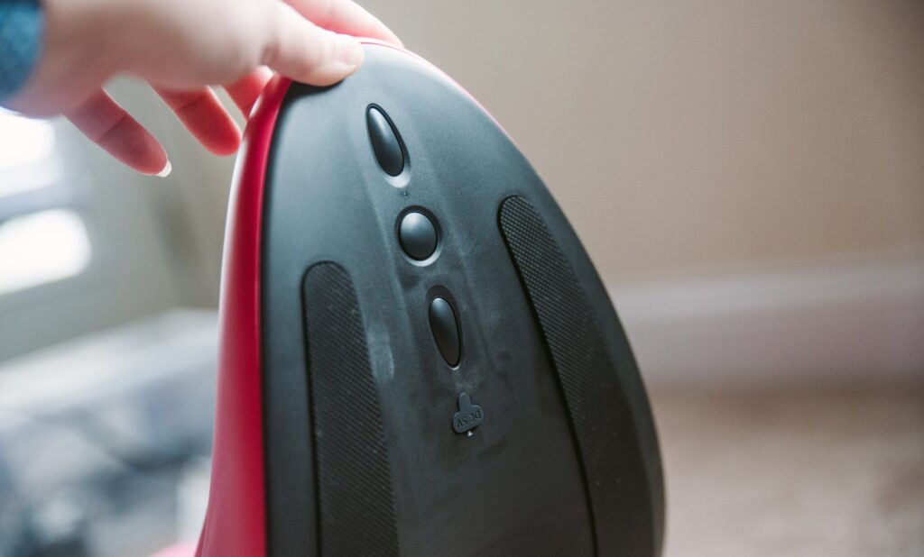 Close up on the 3 buttons on the front of the Rider Desire. This allows for manual control when not using the physical remote. For my VVD Rider Desire review.