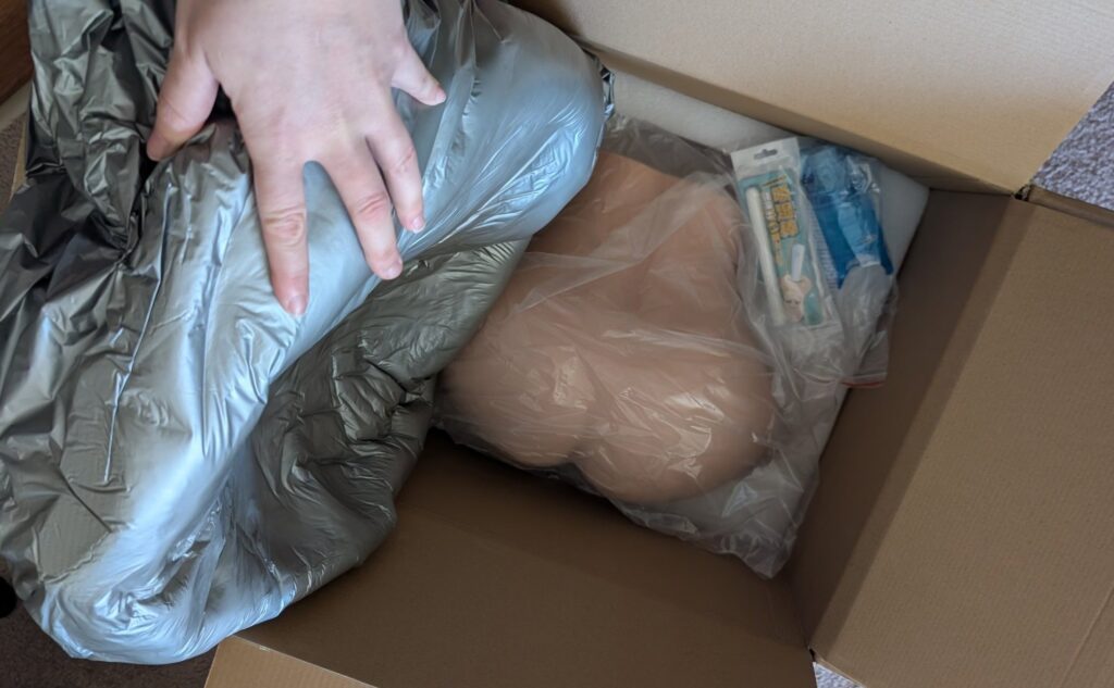 The Yeloly doll inside of its original packaging. It comes in brown cardboard boxes with the accessories right next to it.