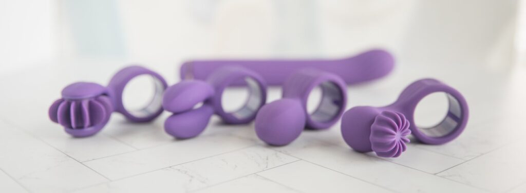 Close-up of all of the different shapes of the clitoral attachments. For my AVIDLOVE PLAY Four-Attachment Rabbit Vibrator review.