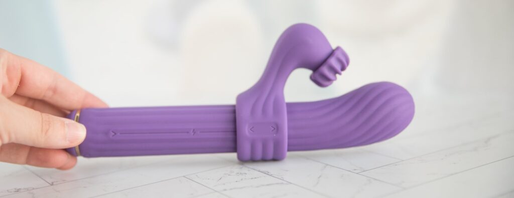 The clitoral attachment shown as close as possible to the tip of the toy. For my AVIDLOVE PLAY Four-Attachment Rabbit Vibrator review.
