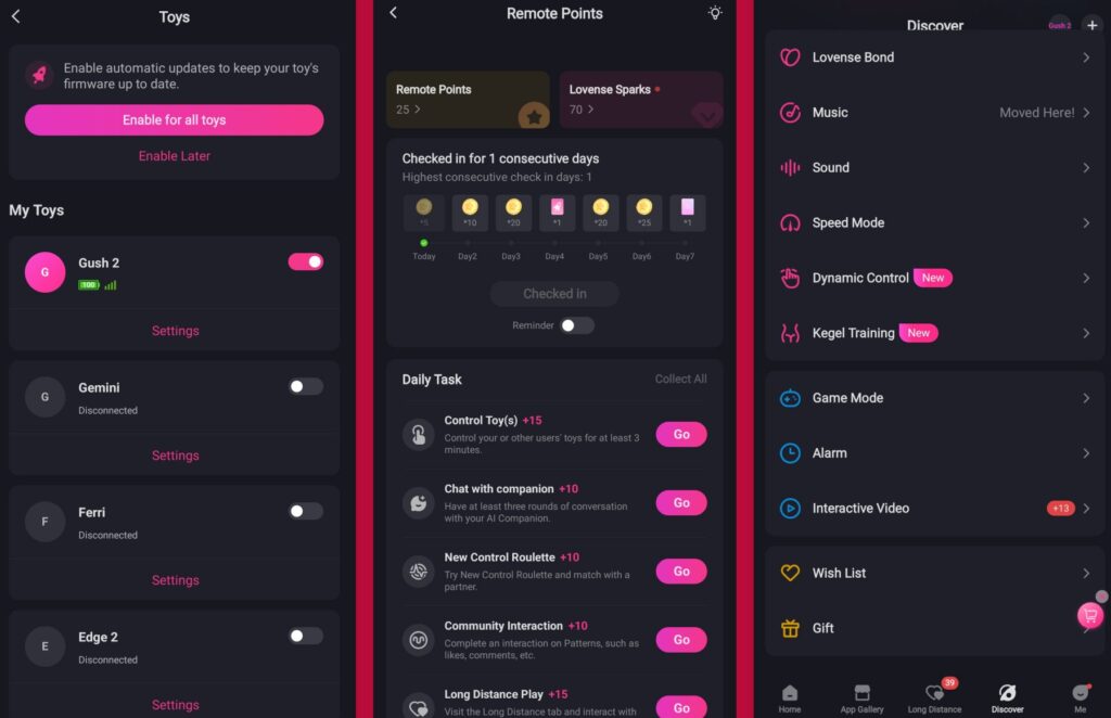Three screenshots showing the capabilities of the Lovense App. It shows how all of the toys can connect to this single app and you can toggle them with ease as well as some of the Rewards systems you can set up under. It also shows some of the unique functions like Speed Mode.
