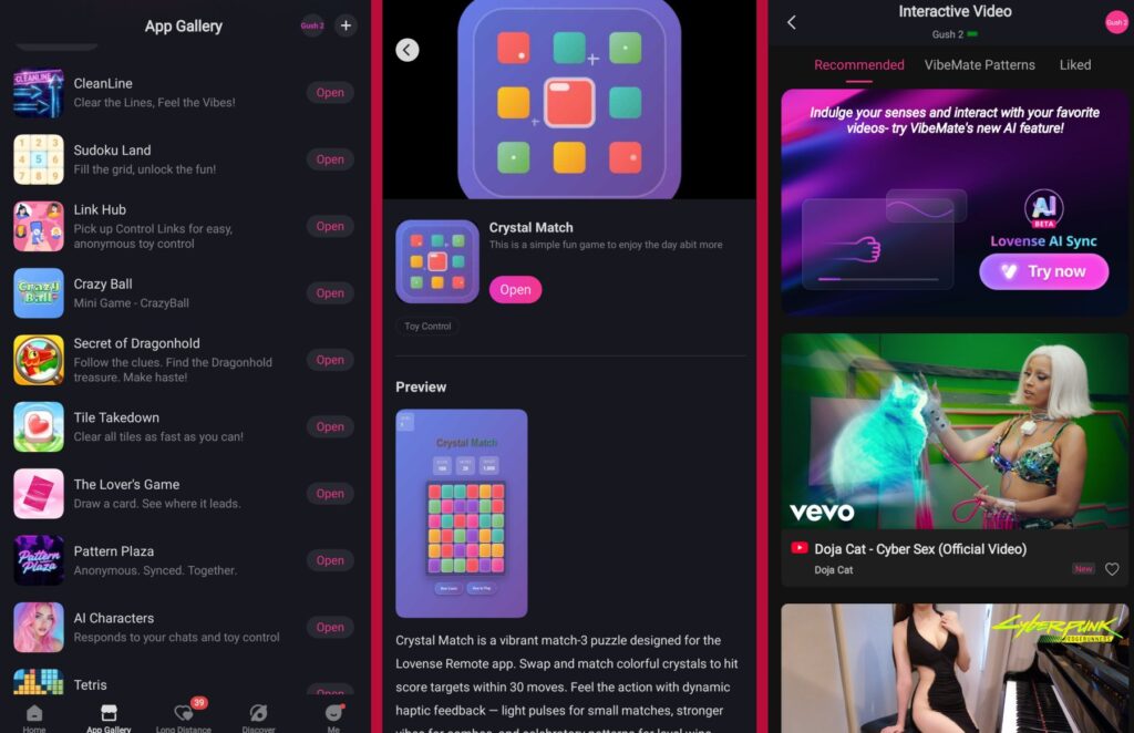 Three screenshots of some of the media and app functionality of the Lovense app. It shows that there are tons of games to play, a close-up on one of the games, and how it can sync with random videos on Vevo.