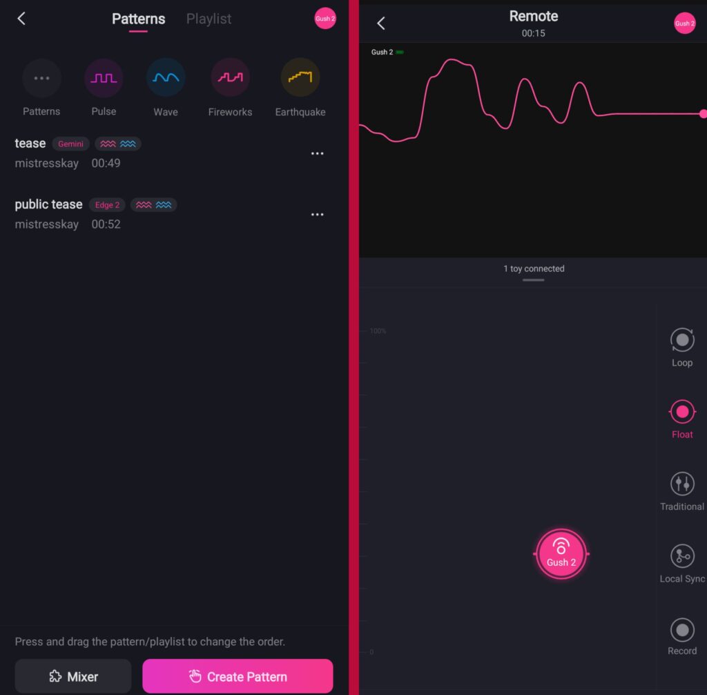 Two screenshots of the Lovense app. One shows how you can create playlists and patterns on the app and the other shows the cool drag-and-drop functionality.
