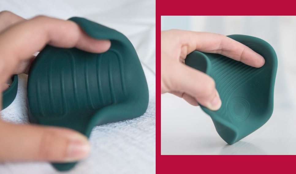 Two side-by-side photos, showing my fingers opening up the wings of each of the vibrators. The Gush 2 has a pulse plate area while the Gush 1 does not.