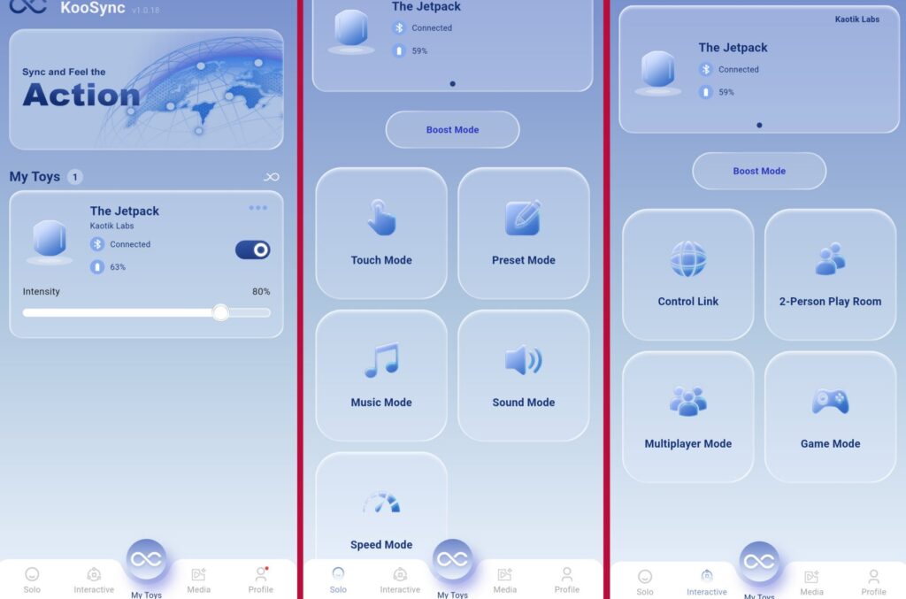 Collage of 3 screenshots from the KooSync app, showcasing different functions that the Jetpack can do within the app. 