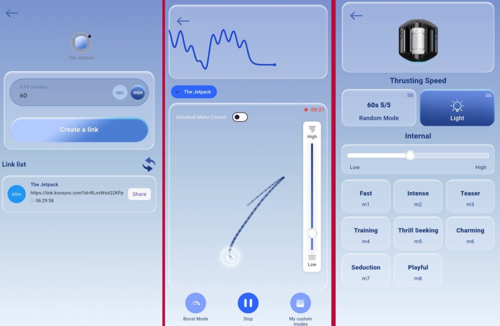 Collage of screenshots show different app functions of the Jetpack. There's a drag-and-drop screen, a create-a-link-to-give-someone-control screen, and a visual representation of the different patterns the Jetpack is equipped with. 