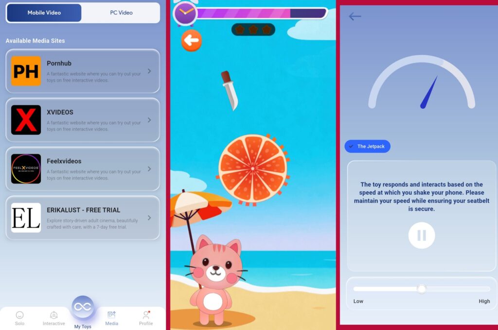Collage of 3 screenshot images from the Jetpack app. The toy can connect to tube sites, there's an odd childlike game that it can sync to, and there's the speedometer intensity function.