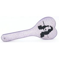 Silver plastic resin sparkly BDSM paddle with a black clipart of a sexy dominatrix woman