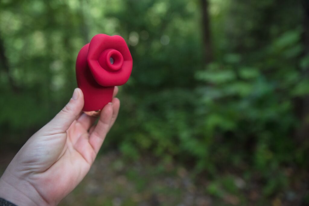 My hand holds the vibrator with a duck-bill like grip at the base. In the background, there's a forest. Everything is evenly lit, and the toy looks extremely high-quality and welcoming. For my AVIDLOVE PLAY Kiss Air Pulse Vibrator Review.